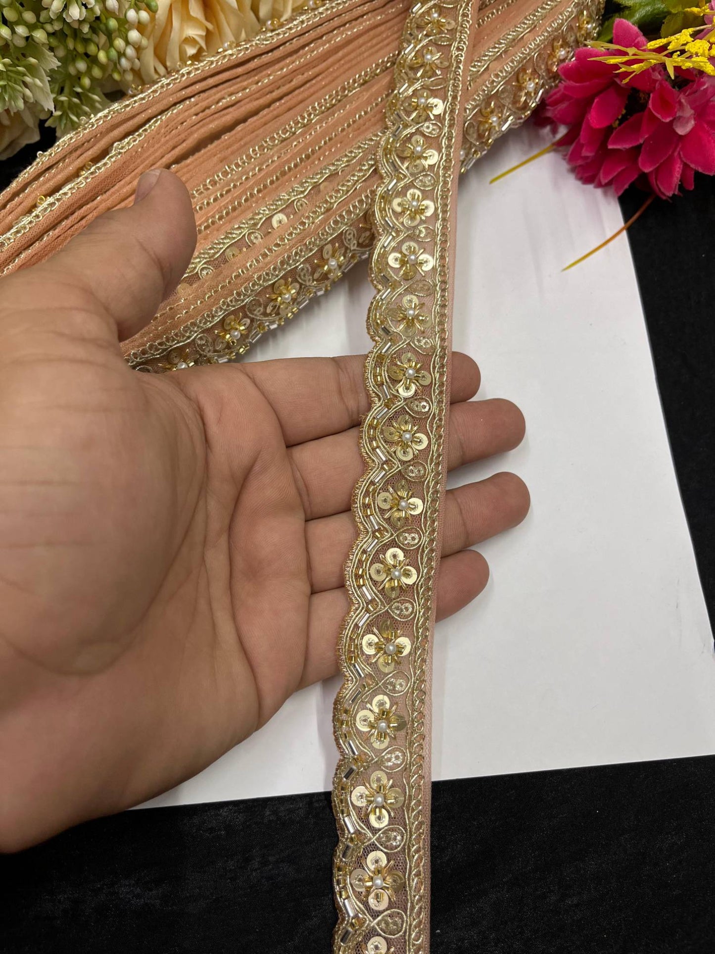 Handcrafted Katdana Saree Laces – 9 Meters, 1-Inch Maggam Work Embellished Border for Sarees, Lehengas & Dupattas | Peach