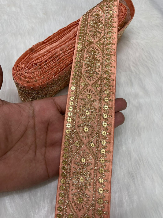 Embroidered Zari Lace – Indian Wedding Trims, Saree Border, 2 Inch Wide Lace Reel (9 Mtr) | Peach