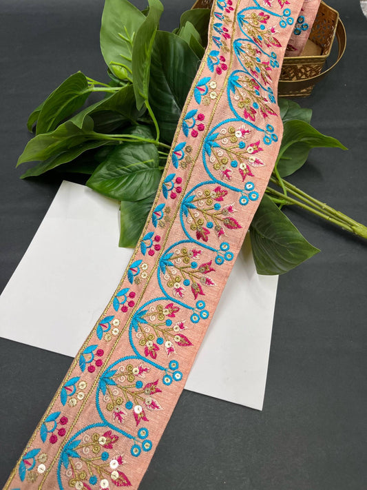 Embroidered Fabric DIY Crafting Lace Trim – 9 Meters, 3-Inch Indian Decorative Sewing Border for Ethnic Wear & Projects | Peach