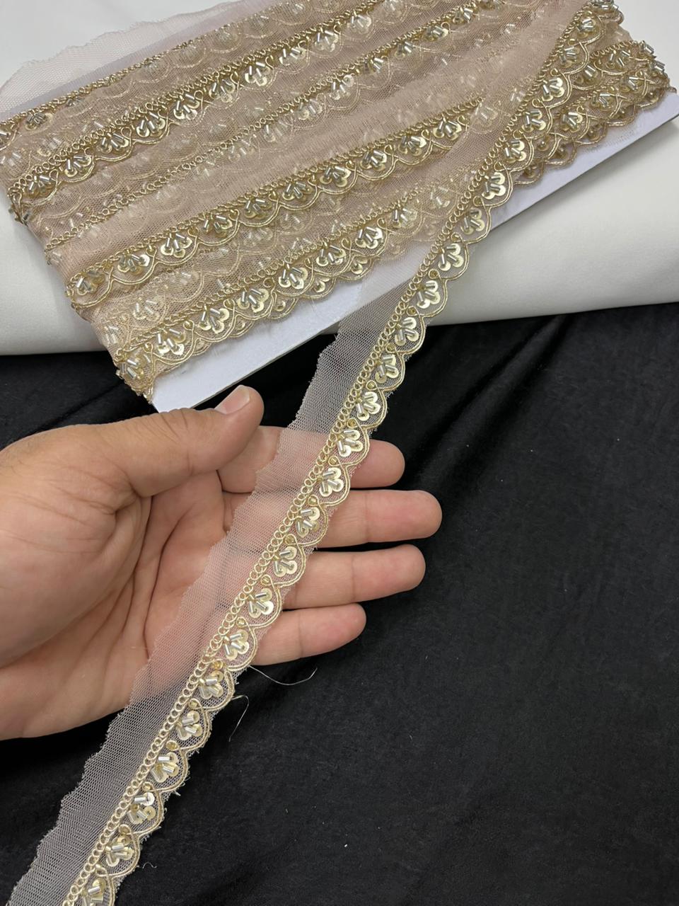 Scalloped Cutdana Work Lace for Sarees & Dupattas – Designer Maggam Work Lace Border (Half Inch) | Peach