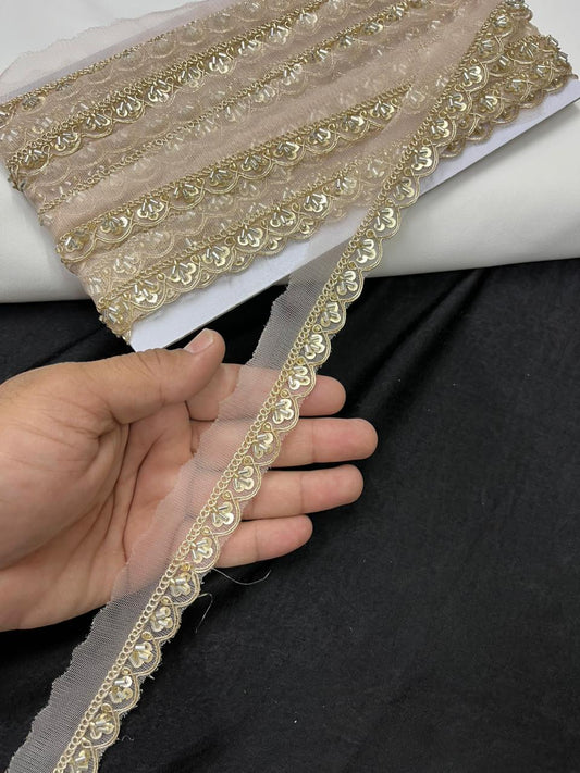 Scalloped Cutdana Work Lace for Sarees & Dupattas – Designer Maggam Work Lace Border (Half Inch) | Peach