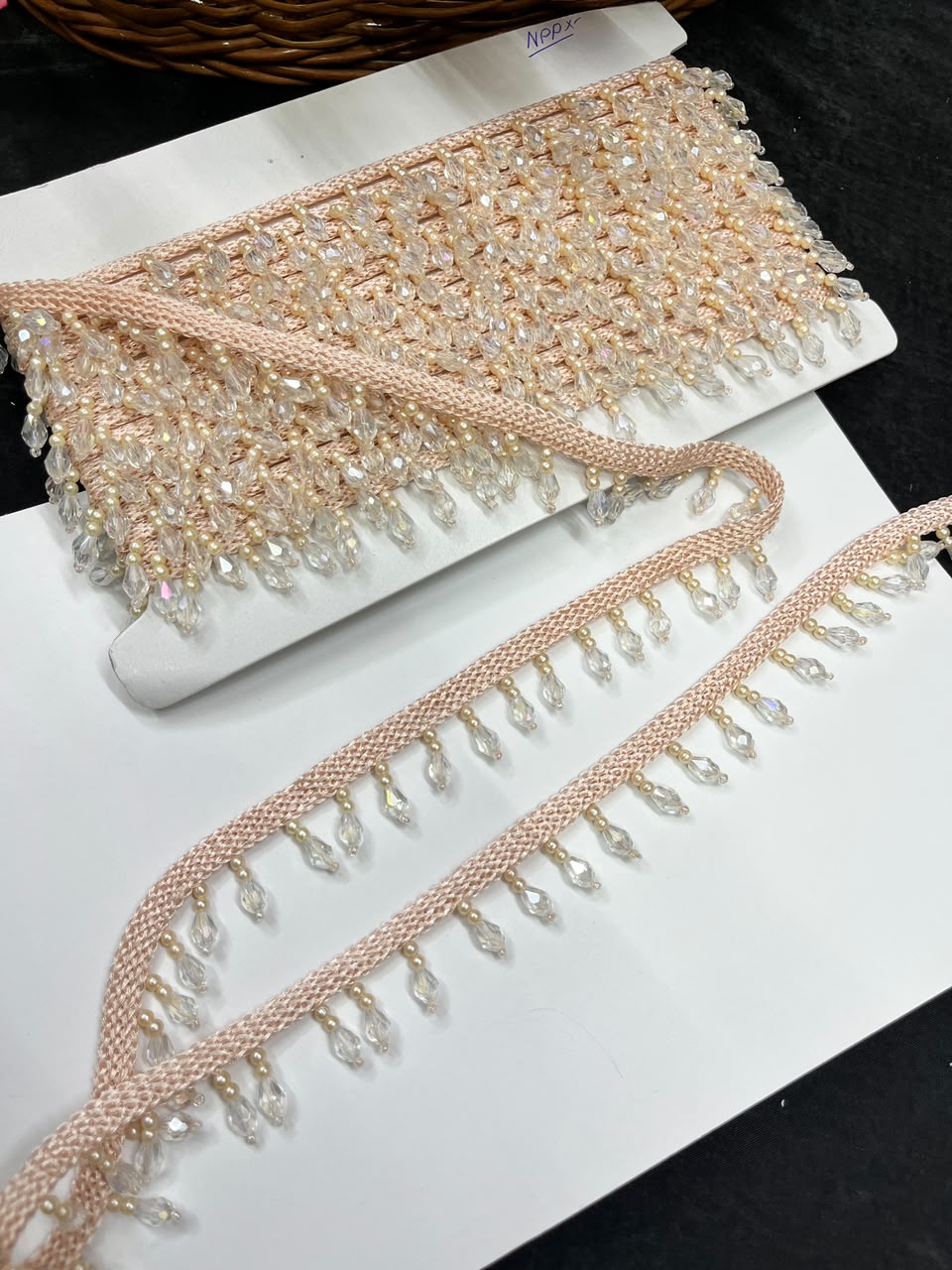 Crystal Drop Latkan Lace for Dupattas, Blouses, Sarees & Lehengas – Designer Hanging Crystal Lace Border (1 Inch) | DC1047 | Peach