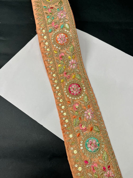 Beautiful Floral Multicoloured Sabyasachi Inspired Saree Lace – Designer Embroidered Border (9 Meter) | Peach