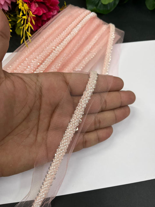 Imported Beaded Lace Trims – Premium Half-Inch Designer Lace for Sarees, Dupattas, Lehengas & Couture Wear (9 Meter) | Peach