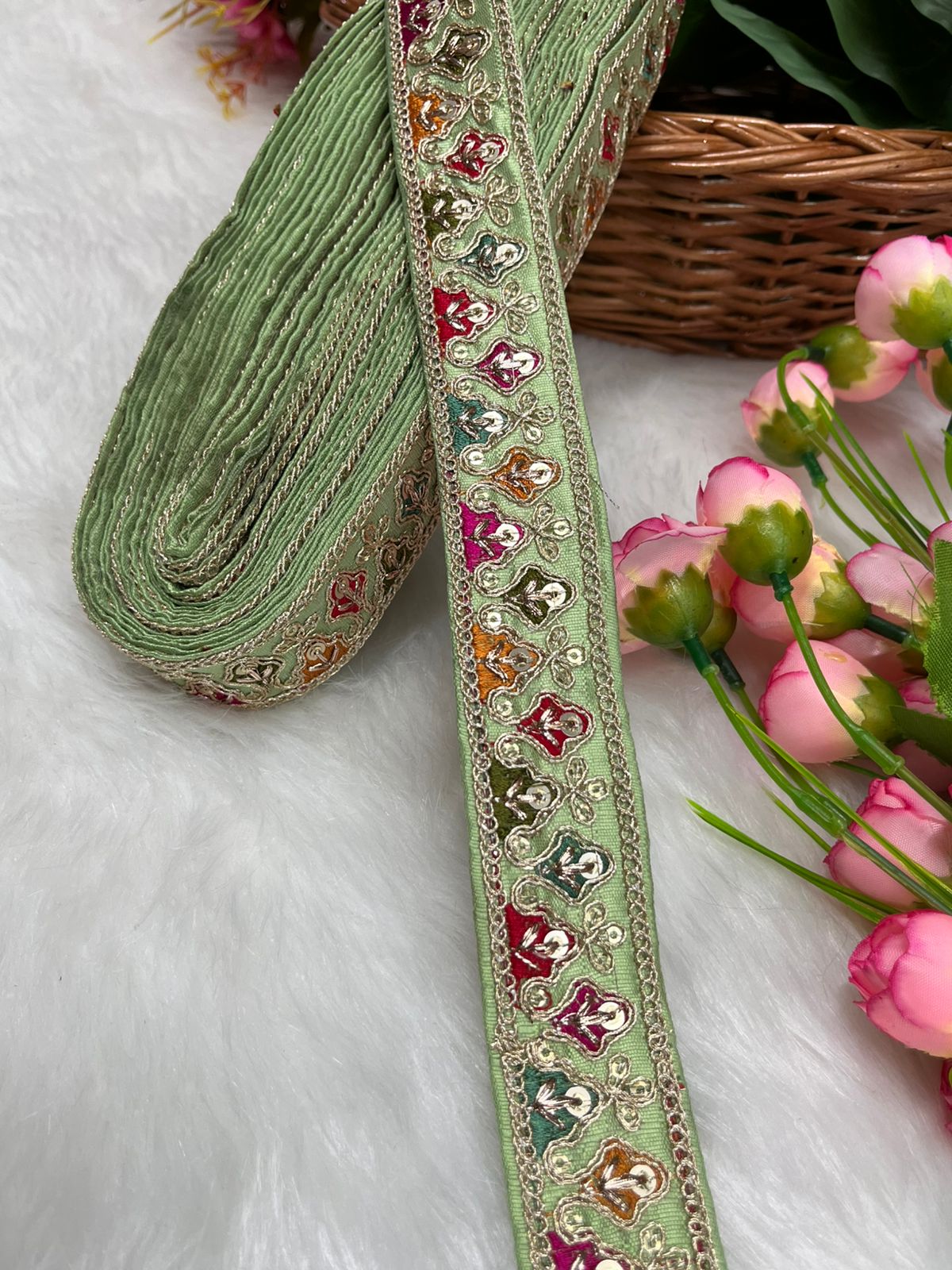 Sabyasachi-Inspired Embroidered Designer Lace Border – 9 Meter Roll, 1 Inch Wide for Ethnic & Creative Projects | Pestel Green