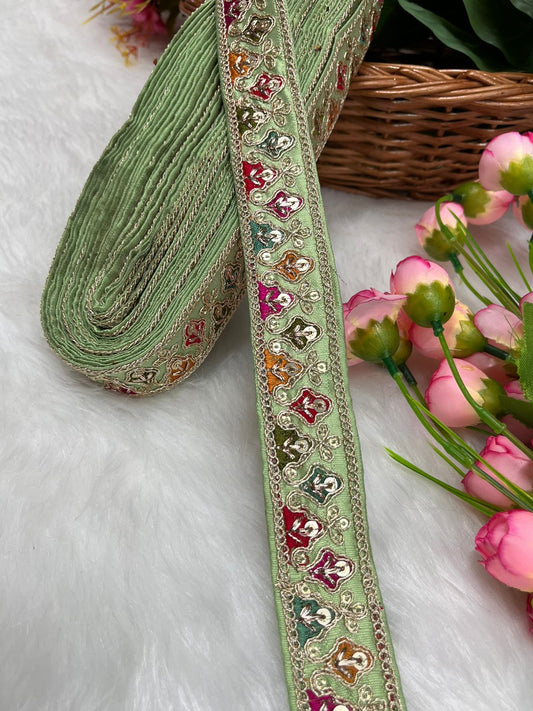 Sabyasachi-Inspired Embroidered Designer Lace Border – 9 Meter Roll, 1 Inch Wide for Ethnic & Creative Projects | Pestel Green
