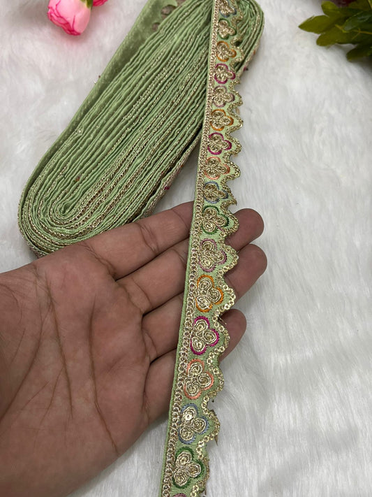Sabyasachi-Inspired Multicoloured Designer Embroidered Trims – 9 Meter Roll, 1 Inch Wide for Crafting & Fashion | Pestle Green