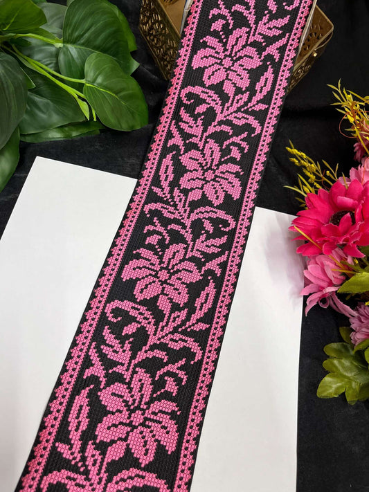 Cross Stitch Jacquard Border – 9 Meters, 4-Inch Thread Embroidered Lace for Sarees, Lehengas & Dupattas | Pink 1