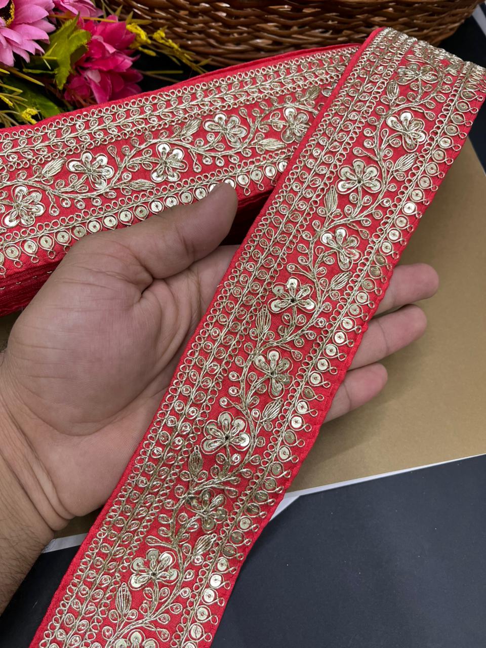 Embroidered Zari Lace Border for Saree, Lehenga & Craft Projects – Heavy 3 Inch Designer Embroidery Lace for Ethnic Wear (9 Meter) | Pink
