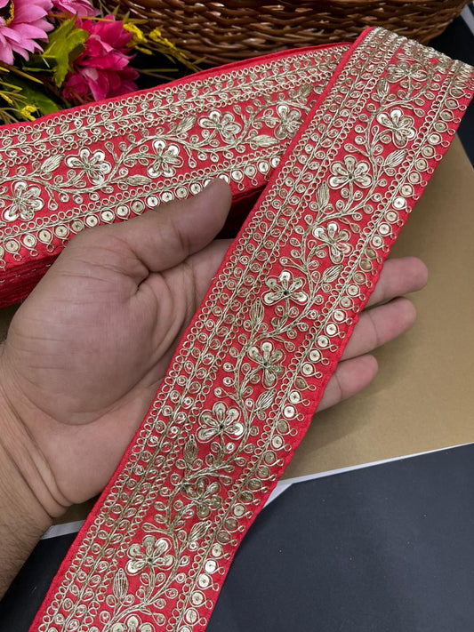 Embroidered Zari Lace Border for Saree, Lehenga & Craft Projects – Heavy 3 Inch Designer Embroidery Lace for Ethnic Wear (9 Meter) | Pink