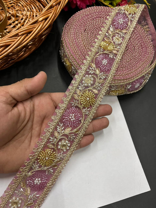 Beaded Bridal Laces Collection – Premium Maggam Work Designer Borders for Sarees, Lehengas & Dupattas (9 Meter, 2 Inch Width) | Pink