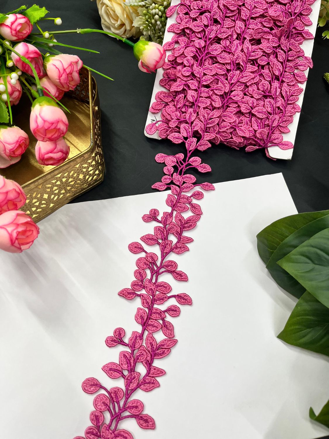 Stunning Guipure Leaf Imported Lace Trim – Designer Saree Laces (9 Meter Roll) | Pink