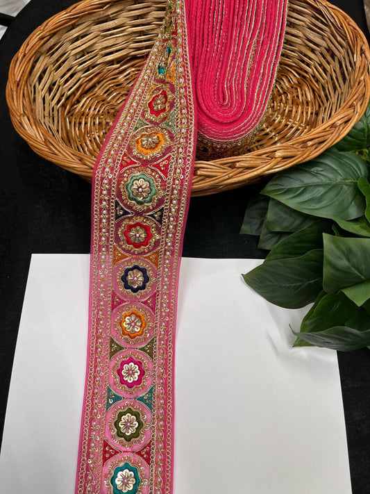 Multicolored Sabyasachi Inspired Saree Laces – 9 Meters, 3-Inch Designer Embroidered Border for Sarees, Lehengas & Dupattas | Pink
