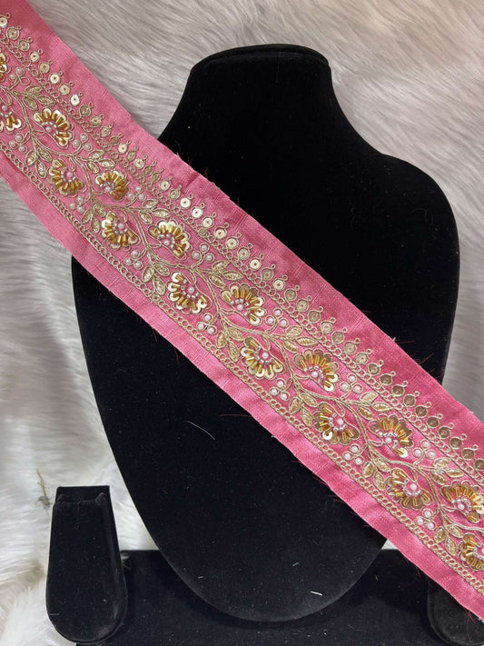 Exclusive Beaded Embroidered Lace – 9 Meters, 2-Inch Maggam Work Border Trim for Sarees & Lehengas | Pink