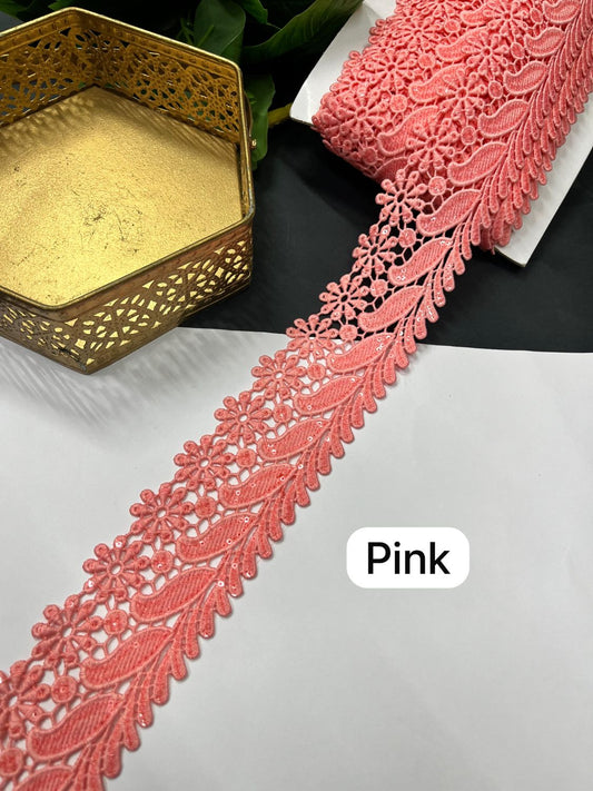 Imported Cotton Lace Border for Sarees & Dresses – 2 Inch Designer Western Lace (9 Meter Roll) | Pink