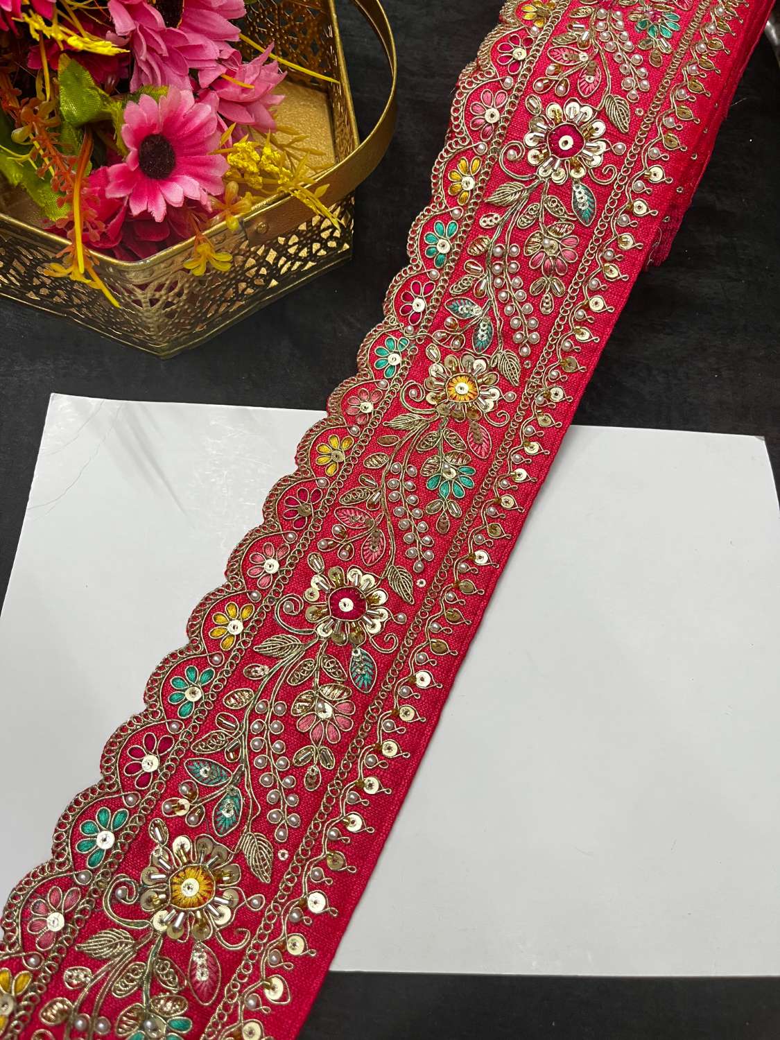 Multicoloured Sabyasachi Inspired Beaded & Katdana Work Saree Lace Border – Premium Maggam Work Trim for Bridal & Designer Wear (9 Meter, 3.5 Inch Width) | Pink