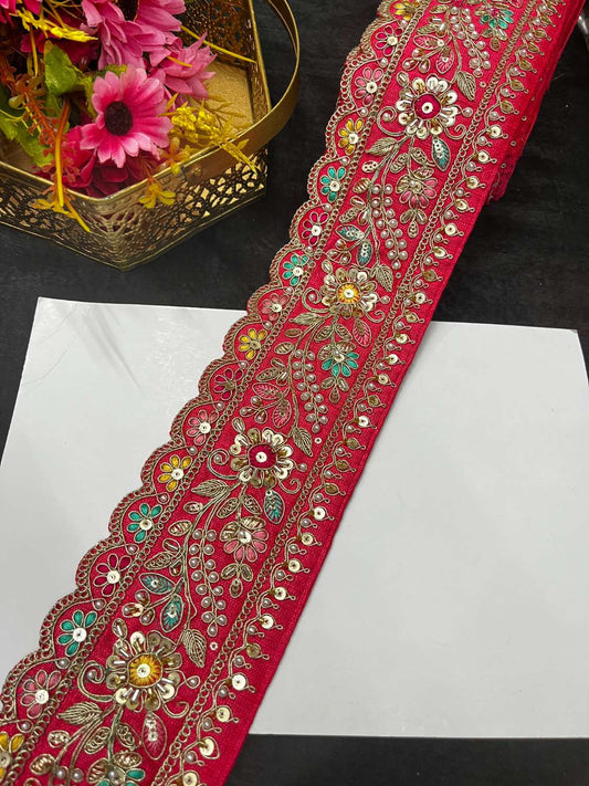 Multicoloured Sabyasachi Inspired Beaded & Katdana Work Saree Lace Border – Premium Maggam Work Trim for Bridal & Designer Wear (9 Meter, 3.5 Inch Width) | Pink