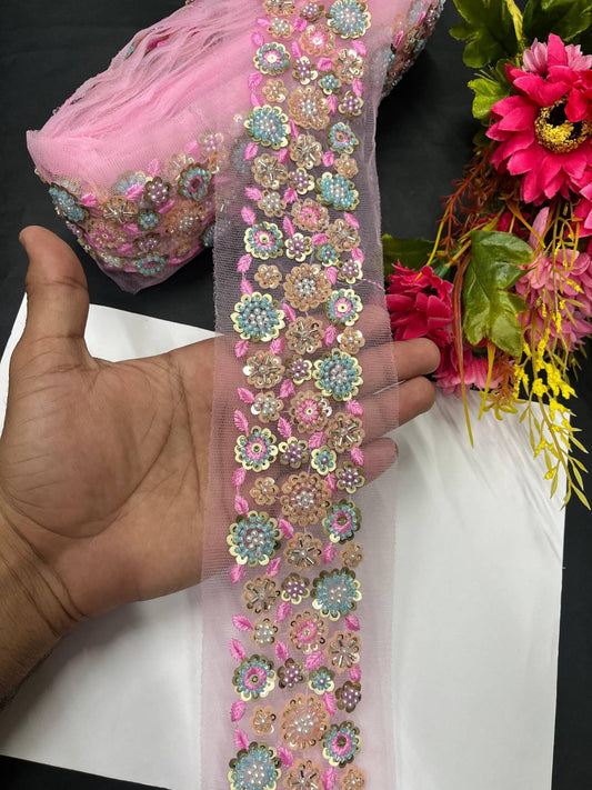 Stunning Thread Work Border with Pastel Bead Work – Designer Lace on Net Fabric (9 Meter) | Pink