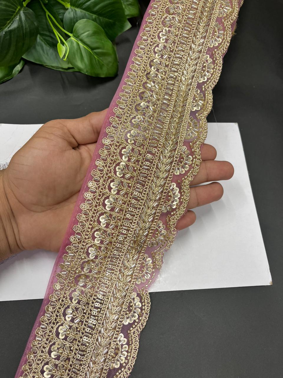 Exclusive Bridal Saree Laces & Borders on Net Fabric – Maggam Work Designer Trim for Sarees, Lehengas & Dupattas (9 Meter, 4 Inch Width) | Pink