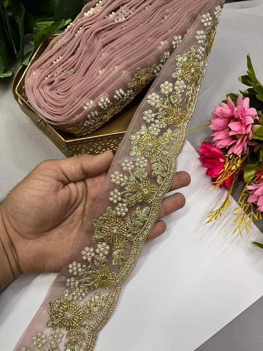 Luxurious Beaded Cutdana Bridal Dupatta Lace | Maggam Saree Laces – Designer Embellished Border (9 Meter, 2.5 Inch Width) | Pink