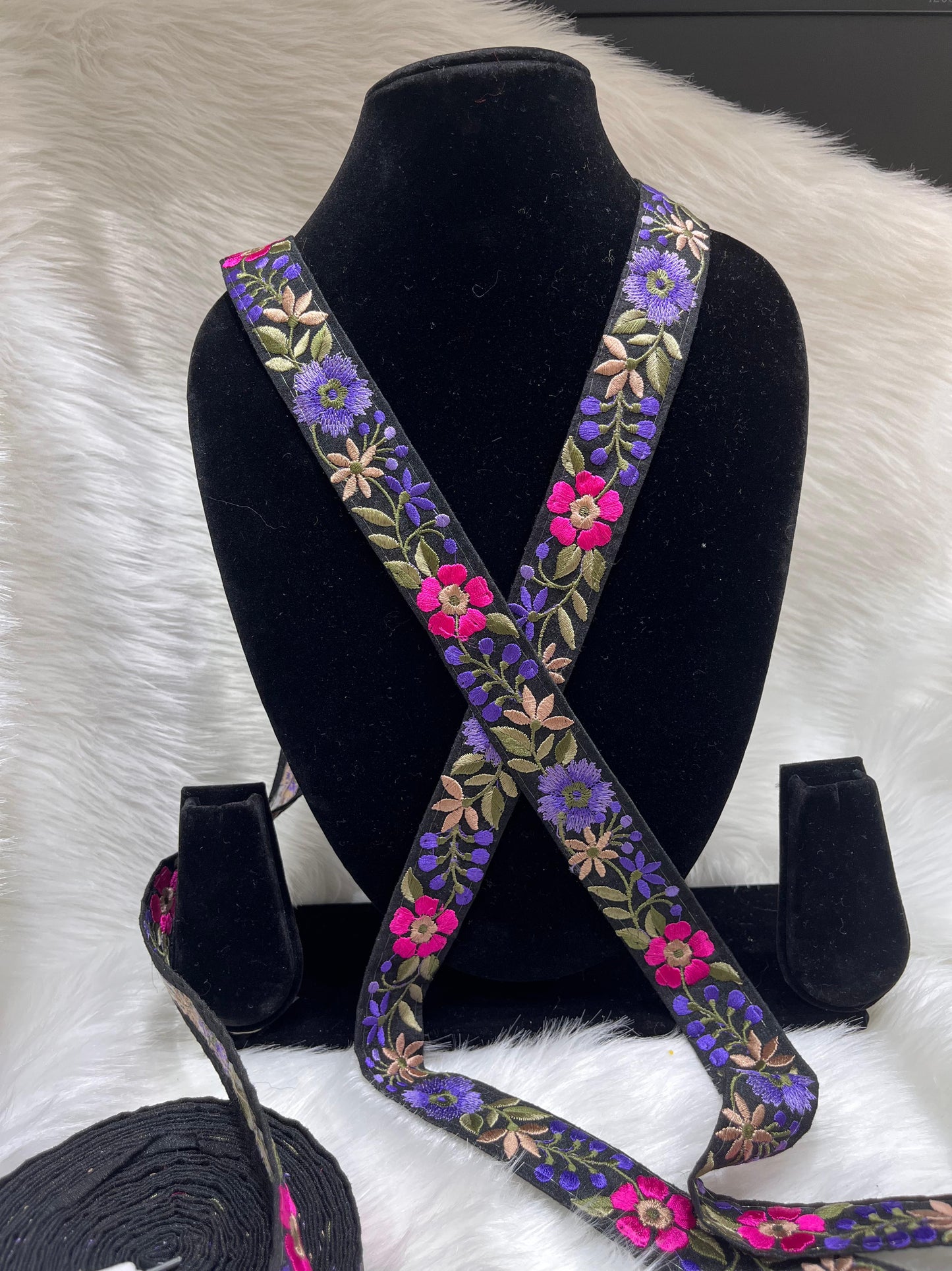 Multicoloured Flower Lace Trim - 9 Meter Thread Embroidered Lace Borders | Pink & Purple