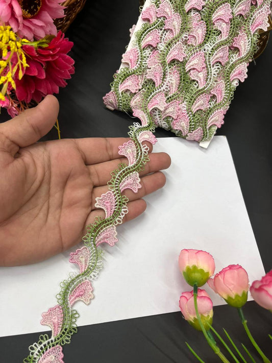 Imported Guipure Cotton Multicoloured Lace & Trims – Designer Border for Sarees, Lehengas & Dupattas (9 Meter, 1 Inch Width) | Pink