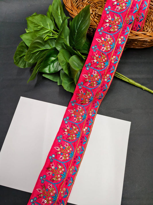 Embroidered Fabric DIY Crafting Lace Trim – 9 Meters, 3-Inch Indian Decorative Sewing Border for Ethnic Wear & Projects | Pink