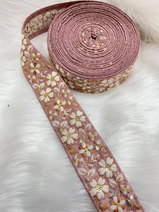 Designer Flower Embroidered Lace Border Trim - 9 Meter Thread Embroidered Lace | Pink
