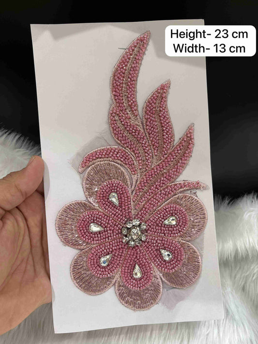 Designer Embroidered Multicolor Stonework Patches for Dresses | Handmade Bead Applique for Blouse, Gown, Lehenga | Pink