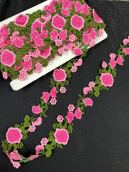 Beautiful Flower Western Lace Trim for Dresses, Sarees & Kurtis – Designer Imported Floral Lace Border (1.5 Inch) | Pink