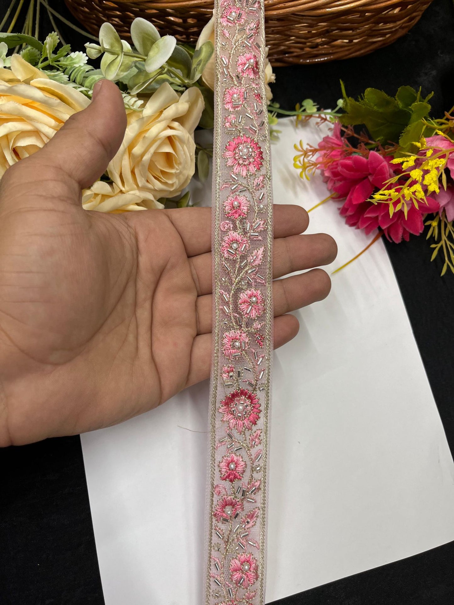 Resham Work Katdana Saree Laces – 9 Meters, 1-Inch Thread Embroidered Border Trim for Sarees, Lehengas & Dupattas | Pink
