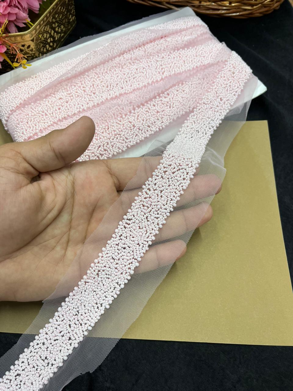 Exclusive Pearl Work Handcrafted Lace Trim for Sarees, Kurtis & Dresses – Designer Handmade Pearl Embroidery Lace Border | Pink