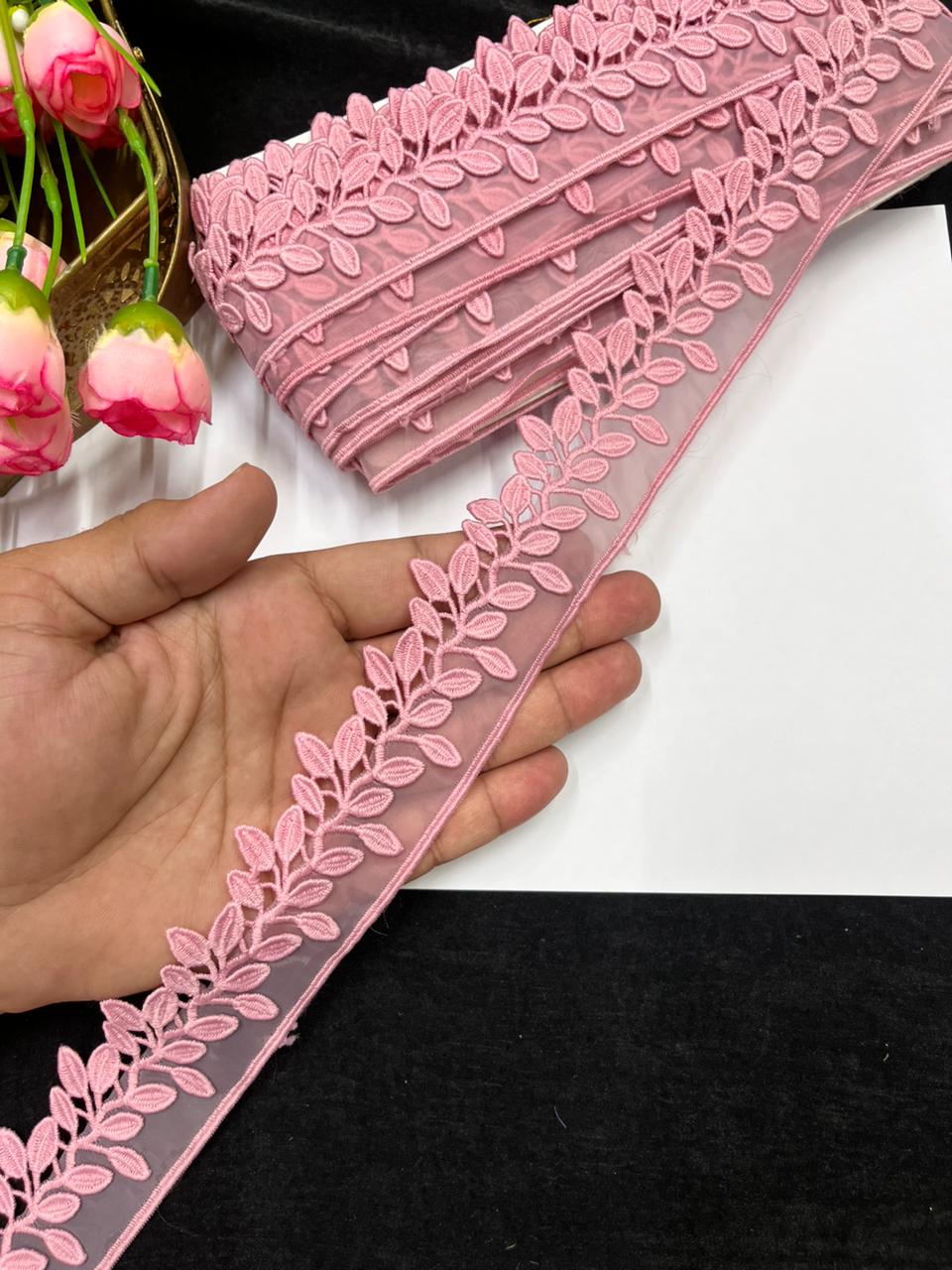 Beautiful Imported Organza Lace Trim for Sarees, Dresses & Kurtis – Designer Soft Organza Lace Border (1.5 Inch) | Pink
