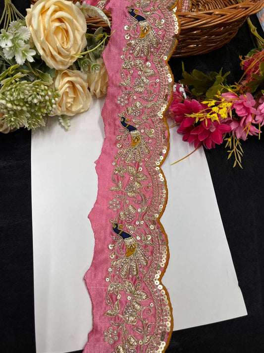 Exclusive Peacock Face Maggam Work Saree Laces – 9 Meters, 3-Inch Embroidered Border for Sarees, Lehengas & Dupattas | Pink