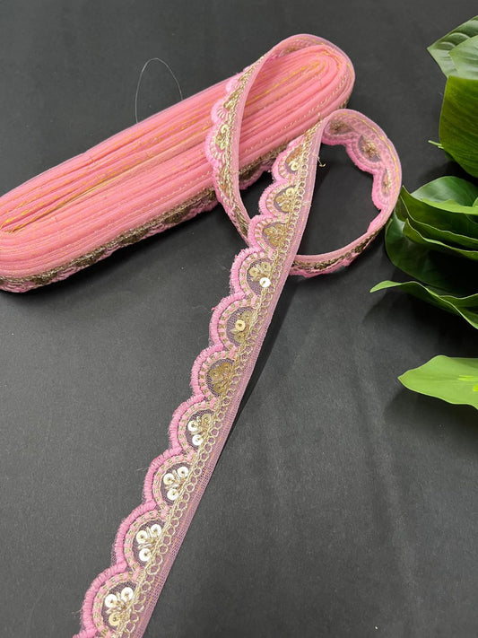 Gold Sequin Embroidered Lace on Net Fabric – Tone-to-Tone Design for Sarees, Dresses & Crafts – 9 Meter | Pink