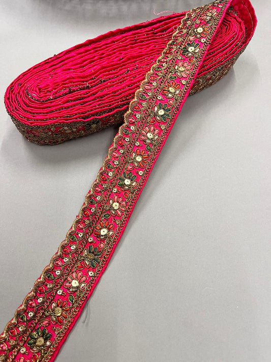 Zari Embroidered Sabyasachi Inspired Lace Border – Premium 2 Inch Designer Decorative Border for Sarees & Bridal Ethnic Wear (9 Meter) | Pink