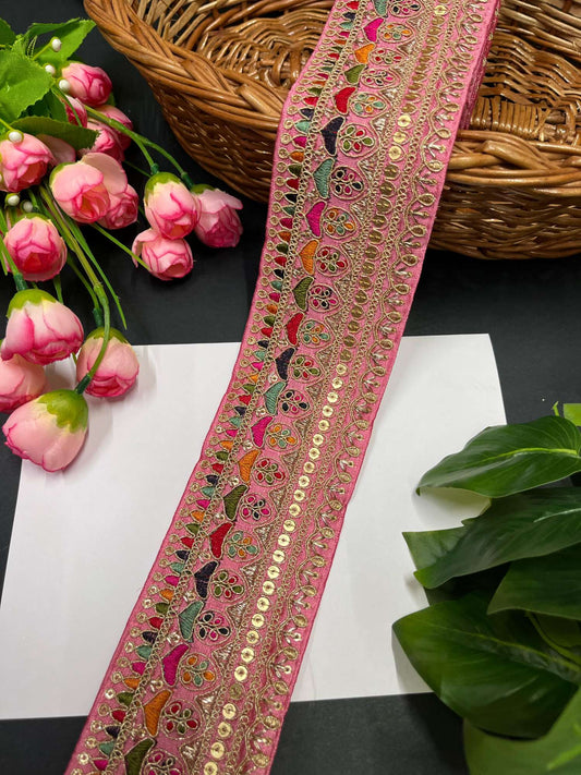 Exquisite Embroidered Lace Border – 9 Meters, 2.5-Inch Sabyasachi Inspired Designer Trim for Sarees & Lehengas | Pink