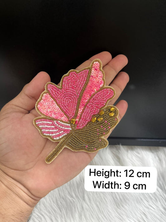 Beaded Handmade Leaf Design Patch | Decorative Embroidered Patches | Applique for Sarees, Dupattas & Ethnic Wear | Pink