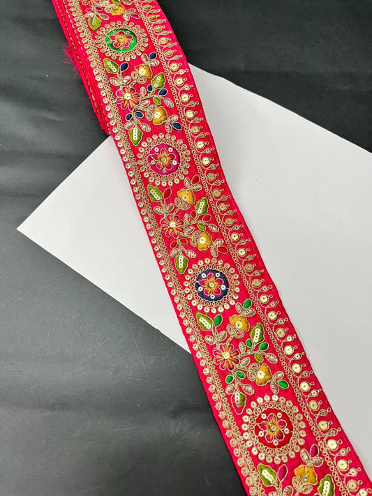 Beautiful Floral Multicoloured Sabyasachi Inspired Saree Lace – Designer Embroidered Border (9 Meter) | Pink