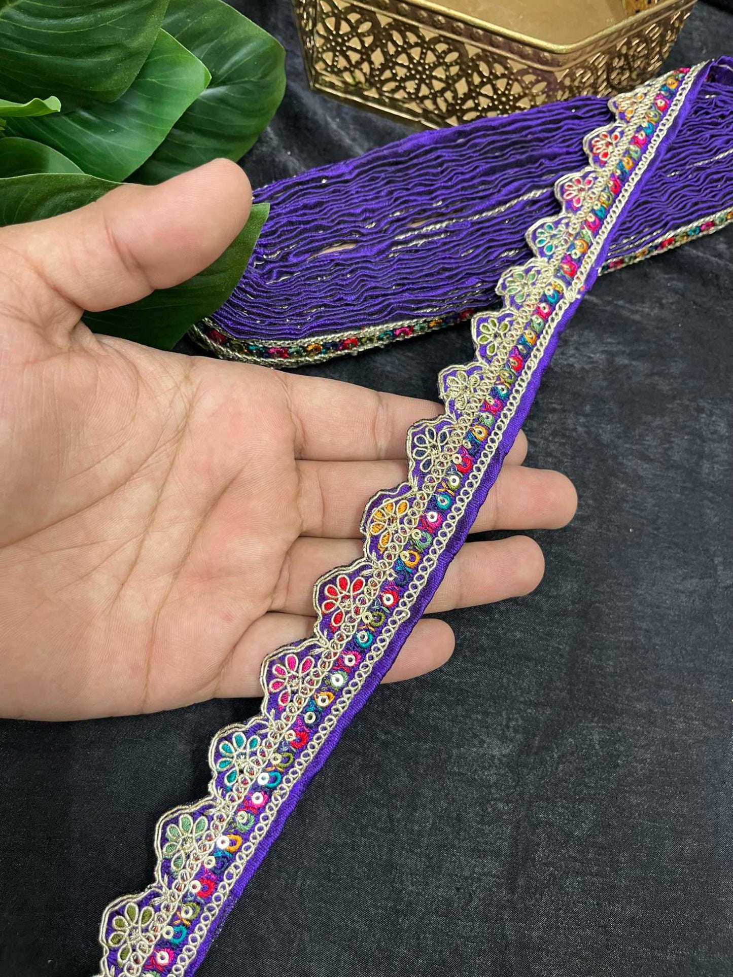 Multicolored Scalloped Sabyasachi Inspired Embroidered Lace – 9 Meters, 1-Inch Designer Trim for Sarees, Lehengas & Dupattas | Purple