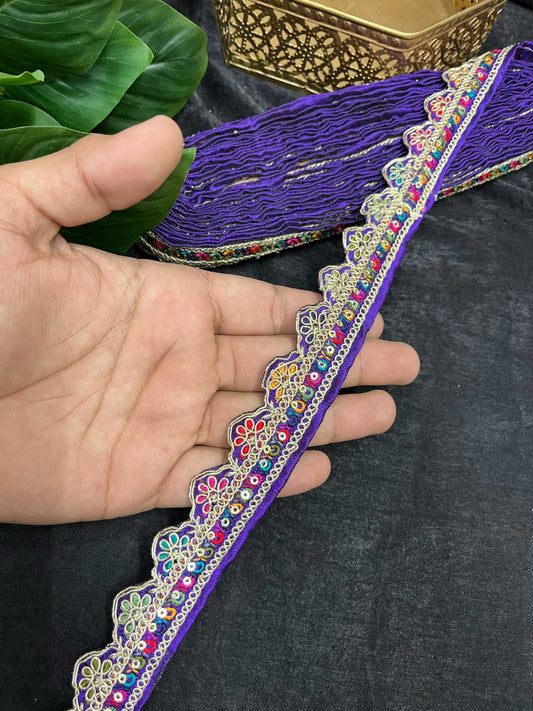 Multicolored Scalloped Sabyasachi Inspired Embroidered Lace – 9 Meters, 1-Inch Designer Trim for Sarees, Lehengas & Dupattas | Purple