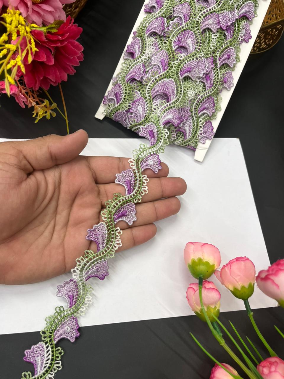 Imported Guipure Cotton Multicoloured Lace & Trims – Designer Border for Sarees, Lehengas & Dupattas (9 Meter, 1 Inch Width) | Purple