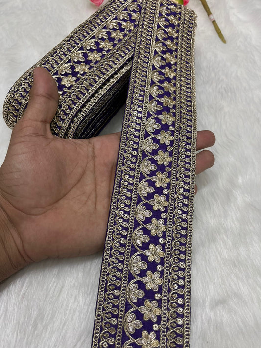 Elegant Embroidered Designer Lace Border – 9 Meter Roll, 2.5 Inch Wide for Sarees, Dresses, and Crafts | Purple