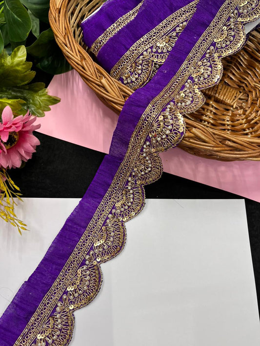 Handmade Scalloped Zardozi Maggam Work Saree Lace Borders – Premium Designer Maggam Lace | Purple
