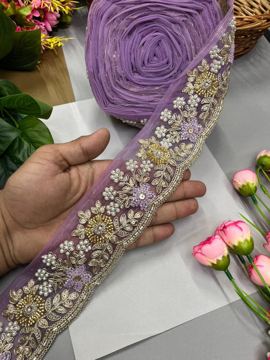 Luxurious Beaded Cutdana Bridal Dupatta Lace | Maggam Saree Laces – Designer Embellished Border (9 Meter, 2.5 Inch Width) | Purple
