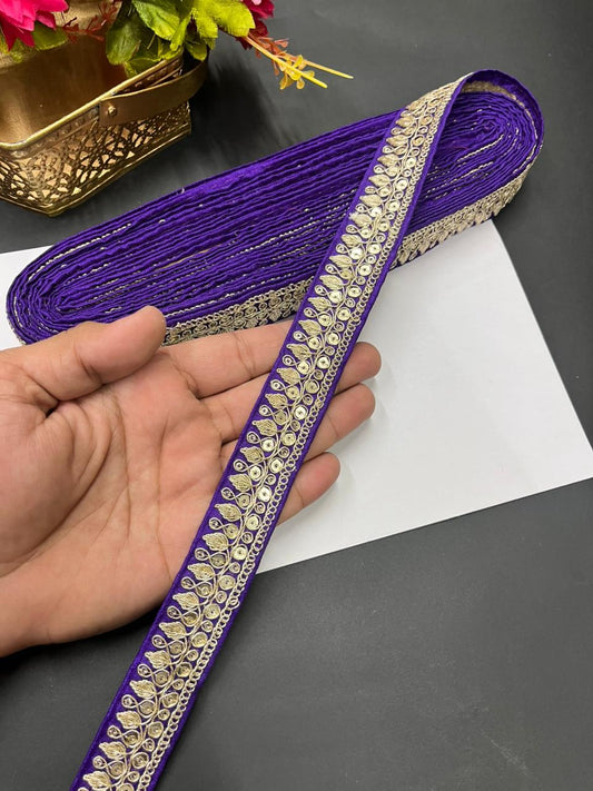 Zari Embroidered Silk Lace – Premium Designer Border for Sarees, Lehengas & Dupattas (9 Meter, 1 Inch Width) | Purple