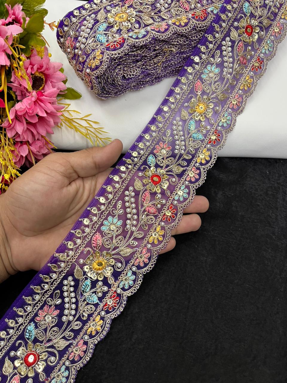 Multicoloured Flower Design Maggam Work Saree Lace – Designer Embroidered Border for Sarees, Blouses & Lehengas (3.5 Inch) | Purple