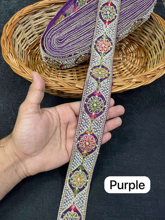 Multicoloured Bead Work Designer Lace on Net Fabric for Sarees & Lehengas (9 Meter) | Purple
