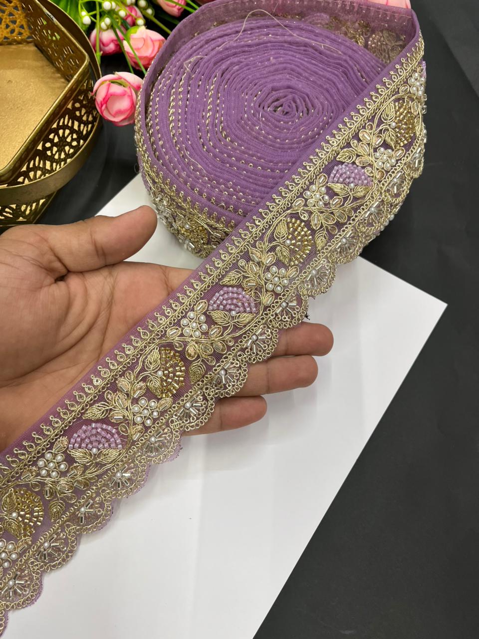 Designer Beaded Net Based Maggam Work Lace for Sarees – Premium 2 Inch Hand-Embellished Border for Lehengas & Bridal Wear (9 Meter) | Purple