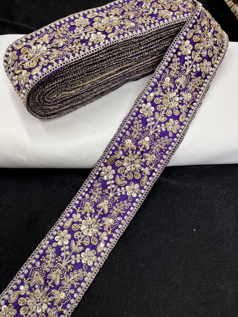 Maggam Work Lace for Sarees & Bridal Wear – Designer Embroidered Lace Border for Lehengas, Blouses & Dupattas (3 Inch) | Purple